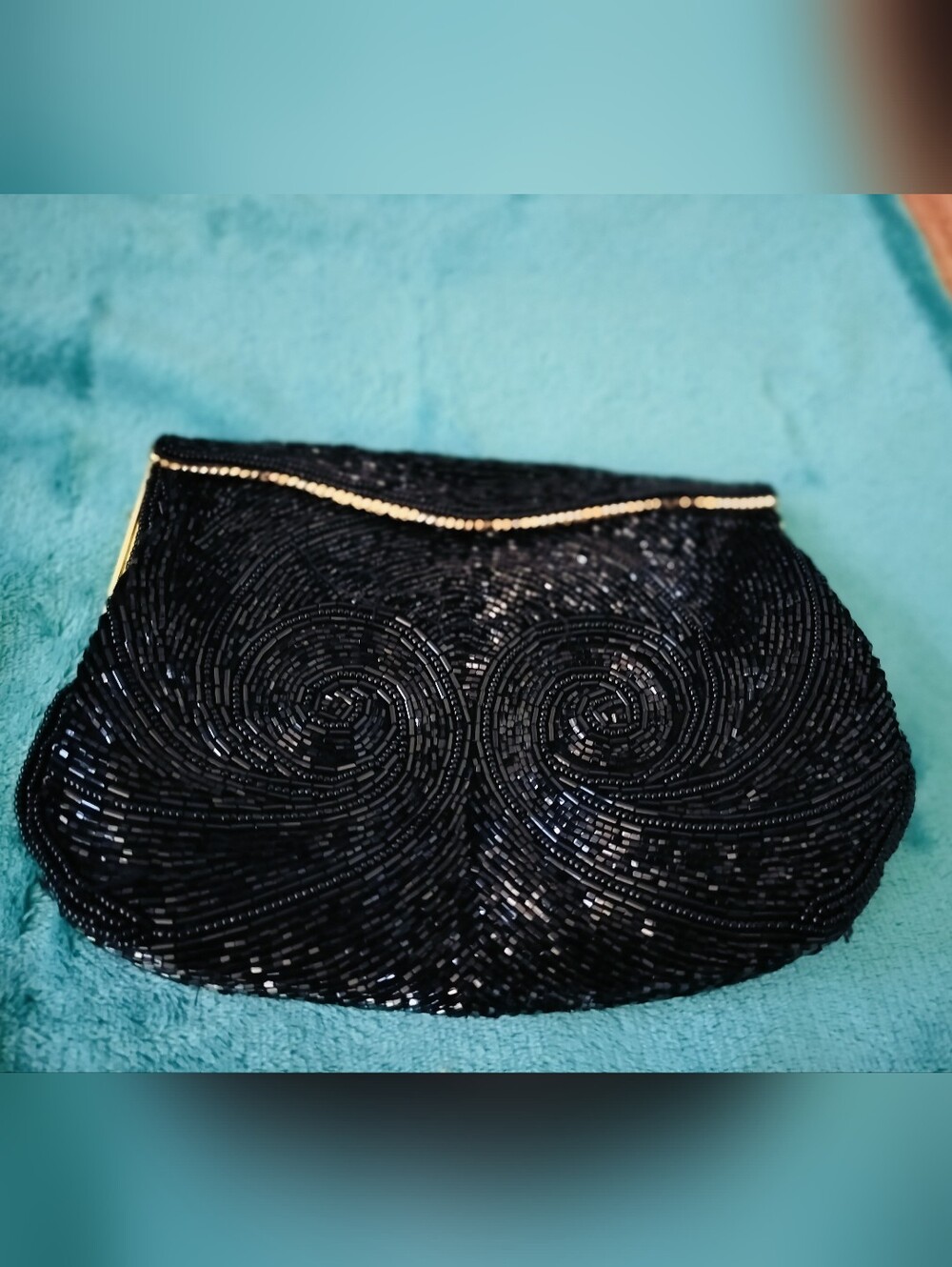 Vintage Art Deco Style Black Bugle Bead Evening Hand Made Satin Lined Clutch